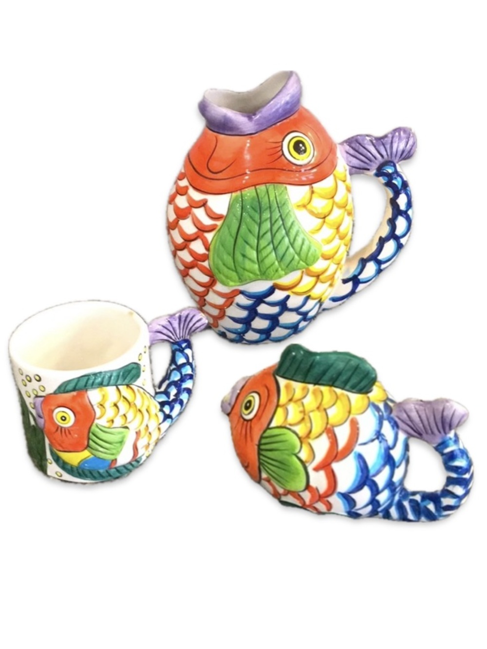 Tabletops Unlimited 1995 Pescada Fish Pitcher Mug Creamer Set 3pc